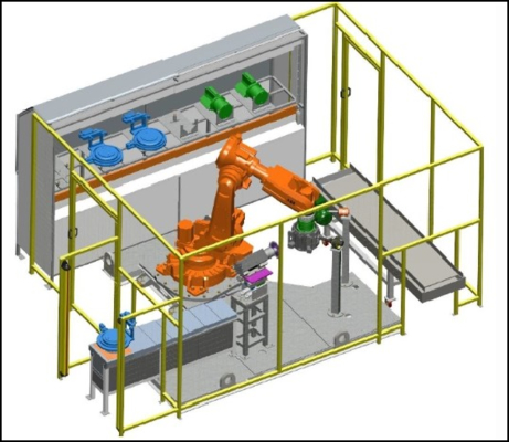 Robots équipés d'outils tels que des fichiers pour déborder des pièces moulées en alliage d'aluminium telles que les carrosseries de moteurs et les cartouches de ventilateurs